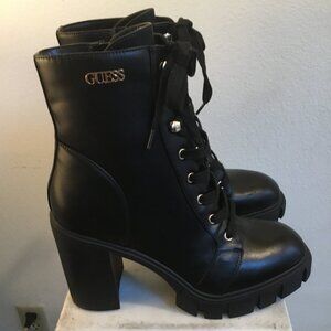 GUESS Women's Lace Up Faux Leather Combat Boots Block Heels Zipper Logo Blk 10
